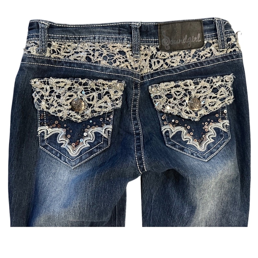 Vintage Y2K Soundgirl Bootcut Jeans Blue Lace Sequin Embellished Low Rise Size 3